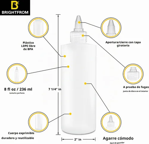 Vista 2 de BRIGHTFROM Botellas exprimibles para condimentos, botella vacía de 8 onzas con tapa superior giratoria transparente, a prueba de fugas, ideal