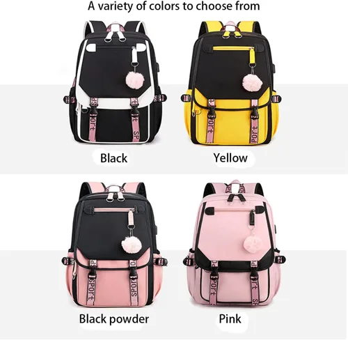 Vista 6 de KUJIAPIN Mochila para niños y niñas, escuela secundaria, estudiantes, mochila para exteriores, Negro Rosa, Mochilas Daypack