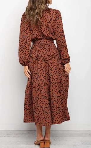 Vista 2 de R.Vivimos Vestidos casuales de otoño de manga larga para mujer, cuello en V, lunares, escalonados, volantes, vestido midi fluido con cinturón