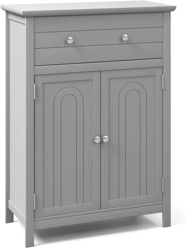 Vista 9 de Giantex Armario de almacenamiento de baño con cajón, armario de piso con puertas, estante ajustable, organizador de almacenamiento para entrada