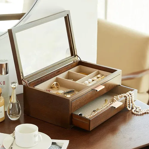 Vista 7 de AMYSTY Jewelry Organizer Jewelry Box 2 Tier Wooden Jewelry Case Retro Jewelry Box Hand Jewelry Earrings Necklace Velvet Lining Display Case For