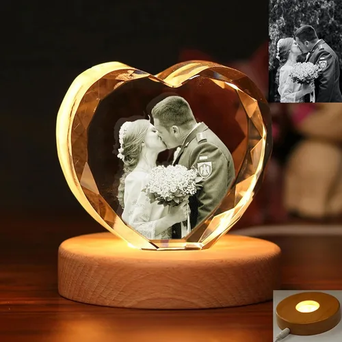 Vista 2 de Gypsophila Foto de cristal 3D, con forma de corazón, foto holográfica 3D personalizada grabada dentro del cristal con tu propia imagen, regalos