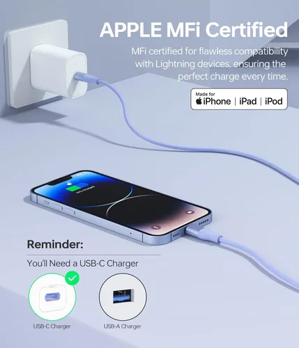 Vista 8 de Cable USB C a Lightning de Apple, paquete de 3 cargadores de iPhone de 6 pies con certificación MFi de carga rápida tipo C a Lightning, cable