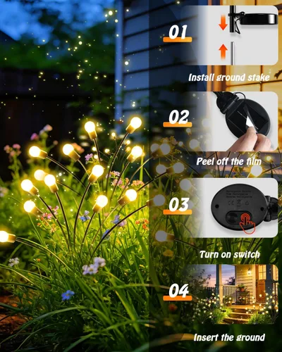 Vista 8 de OZS 4 Pack Total 32 Luces LED Solar de Jardín de Hadas al Aire Libre - Luces Solares de Luciérnagas al Aire Libre, Se Balancean con el Viento Blanco