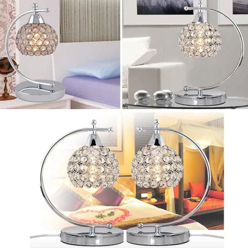 Vista 7 de Onerbuy Moderna lámpara de mesa de cristal enchufable, lámpara de mesa de noche cromada plateada E27 con interruptor de encendido/apagado en línea