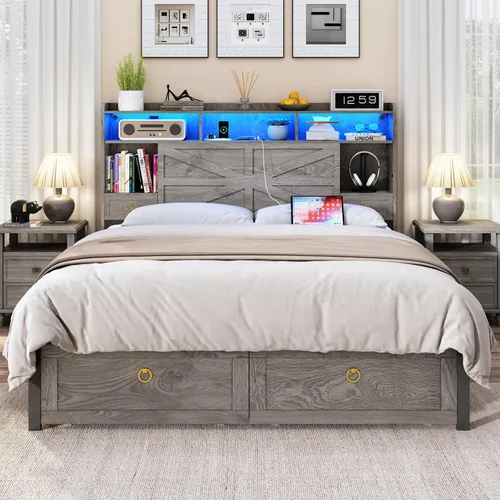 Vista 10 de TIGUBFRE - Base de cama individual con cabecera de almacenamiento, base de cama de madera estilo granja tamaño individual con 3 cajones, luz LED
