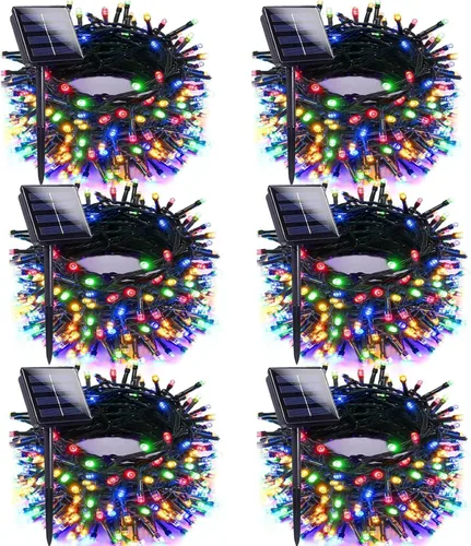 Vista 15 de Paquete de 2 luces solares de Navidad multicolor para exteriores, impermeables, 200 LED de 66 pies, cable verde con 8 modos, luces solares de hadas