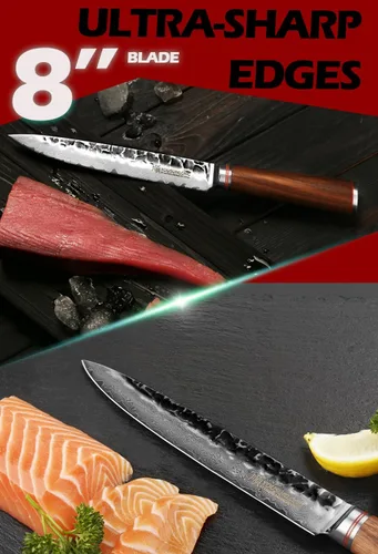 Vista 5 de YOUSUNLONG Sashimi - Cuchillos para tallar de 8 pulgadas, cuchillos de sushi, acero de damasco martillado japonés, mango de madera de nogal natural