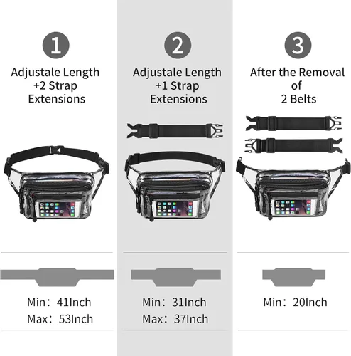Vista 3 de Riñonera transparente aprobada por estadios para mujeres, para el trabajo, bolsa de cintura multiusos para viajes y eventos deportivos, Negro -, Pvc