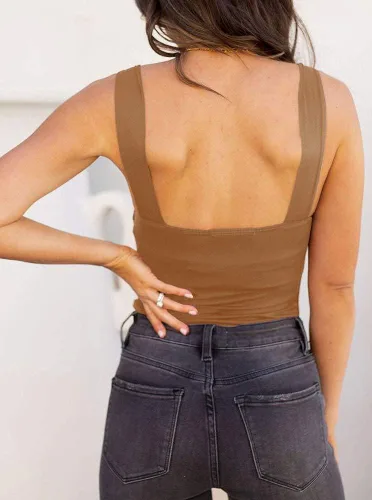 Vista 98 de Reoria - Camiseta sin mangas sexy tipo body con escote cuadrado para mujer, ropa para discoteca