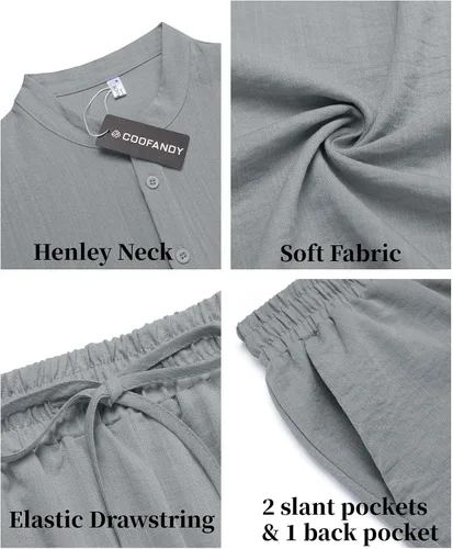 Vista 5 de COOFANDY Conjunto de 2 piezas de lino para hombre, camisas Henley casuales de manga corta, pantalones cortos de yoga para la playa, pantalones