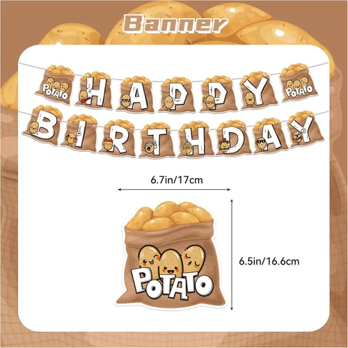 Vista 3 de Suministros para fiestas de papas – Decoraciones de cumpleaños de dibujos animados que incluyen pancarta feliz, decoración de pastel, decoración
