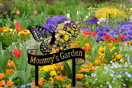 Vista 5 de Letreros de jardín personalizados con flores y mariposas, arte de metal para patio, estaca de jardín, letrero de metal, decoración de césped