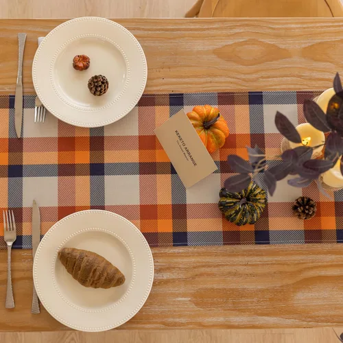 Vista 3 de Keketoarrange Camino de mesa de otoño a cuadros, patrón de Acción de Gracias, cosecha de otoño, centro de mesa, decoración de mesa de fiesta