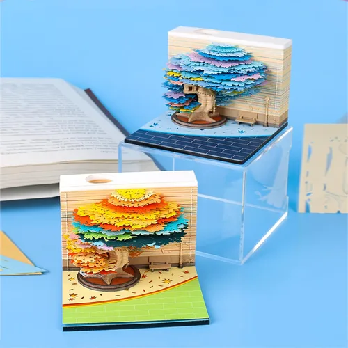 Vista 6 de Bloc de Notas 3D Casa del Árbol, Árbol de Cuatro Estaciones 240 Hojas Arte de Tallado en Papel Bloc de Notas con Soporte para Bolígrafo Notas