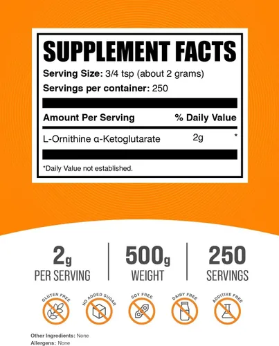 Vista 2 de BulkSupplements. com L-ornitina alfa-cetoglutarato en polvo - OKG en polvo, suplemento de óxido nítrico, suplemento de ornitina - Sin gluten, 0.07