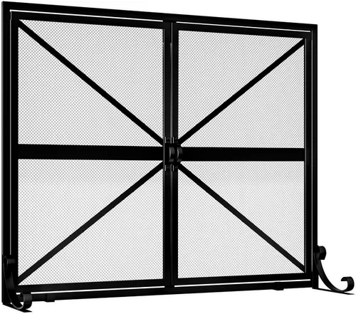 Vista 8 de Fire Beauty Pantalla de chimenea con puertas, 2 paneles hechos a mano de hierro forjado sólido malla decorativa, accesorios seguros para bebés
