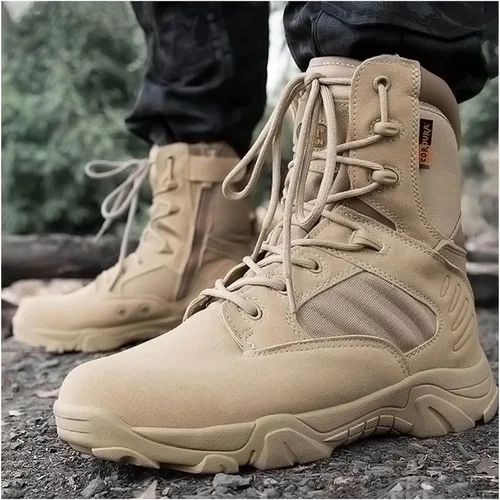 Vista 2 de Botas tácticas para hombre, botas de combate de 8 pulgadas, botas de trabajo para hombres, duraderas con cremallera lateral, botas militares
