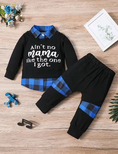 Vista 5 de Conjunto de 2 piezas de ropa para niños pequeños, camisa a cuadros con estampado de letras y pantalones largos, 2 piezas para otoño e invierno