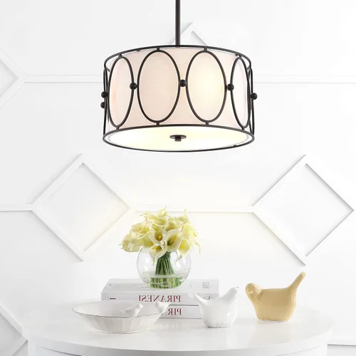 Vista 5 de JONATHAN Y Lámpara colgante de 3 luces LED de bronce aceitado/blanco de 19 pulgadas, lámpara colgante moderna con pantalla de tambor de lino blanco