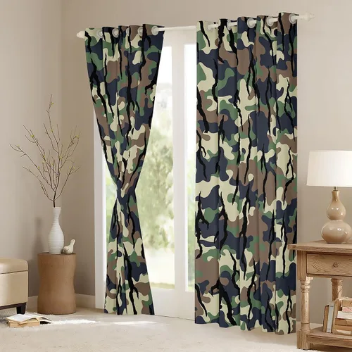 Vista 3 de Cortinas de camuflaje rústicas de camuflaje para dormitorio, sala de estar, decoración de cabaña, caza, ejército, negro, verde, aislamiento térmico