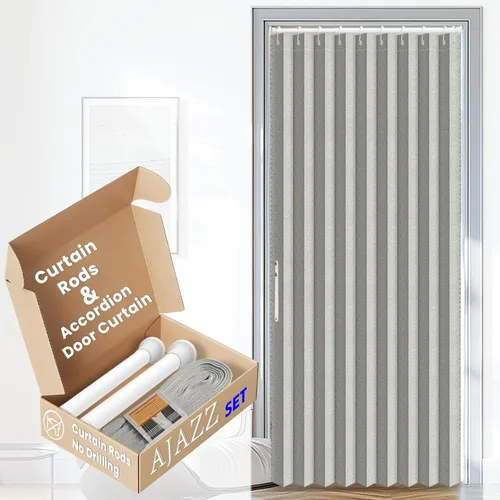 Vista 19 de AJAZZ Conjunto: Barras para cortinas sin perforación (28-39" de ancho) y cortina acordeón para puerta, beige 43" de ancho × 78" de largo, puertas