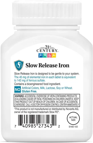 Vista 9 de Tabletas de liberación lenta de hierro 21st Century. , B005LEMT1I, 1, 1 High-Potency Ferrous Sulfate, Compare VS. Slow FE® & Healthy Red Blood