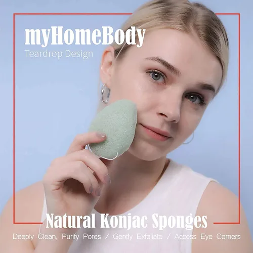 Vista 2 de myHomeBody Esponjas faciales naturales Konjac – forma de lágrima – para una limpieza y exfoliación facial suave – con carbón activado y aloe vera