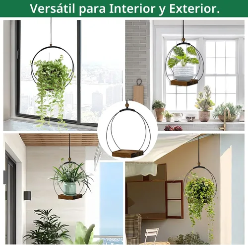 Vista 2 de Maceta colgante para plantas de interior, colgador de plantas negro para interiores con base de madera resistente, colgador de plantas de macramé