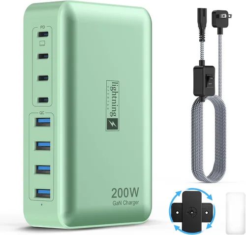Vista 14 de Estaciones de carga múltiple de 8 puertos de 200 W con enchufe plano, cable de alimentación trenzado e interruptor de encendido/apagado