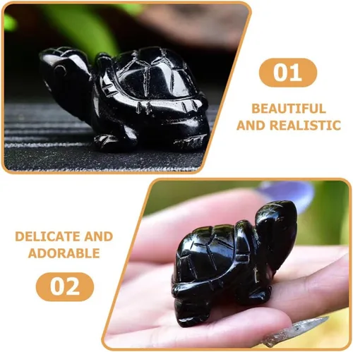 Vista 2 de HOMSFOU Estatua de tortuga de cristal, figura de tortuga de obsidiana negra, escultura natural tallada a mano, escultura de animal coleccionable
