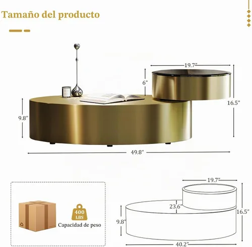 Vista 3 de Mesa auxiliar giratoria ovalada dorada, mesa central de lujo moderna de 2 niveles con parte superior redonda giratoria de 360°, mesa de té con base
