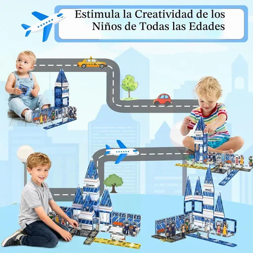 Vista 6 de AFUNX - Azulejos magnéticos, set de 54 piezas con tema de aeropuerto, bloques de construcción magnéticos y juguetes educativos STEM para niños