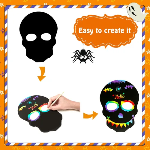 Vista 3 de MGparty Juego de 24 máscaras de rascar de Halloween para manualidades, arte de papel mágico para niños, actividades en el aula, recuerdos de fiesta