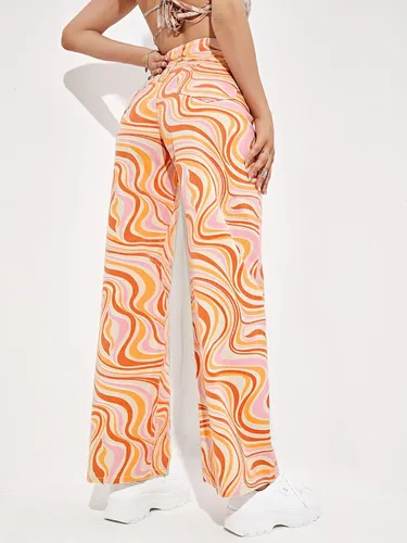 Vista 2 de WDIRARA - Pantalones de mezclilla holgados de tiro alto, con estampado, de pierna ancha, para mujer