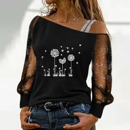Vista 2 de NOKMOPO Tops de otoño para mujer, cuello diagonal de moda, manga larga, cuello de una línea, tops de manga larga para mujer