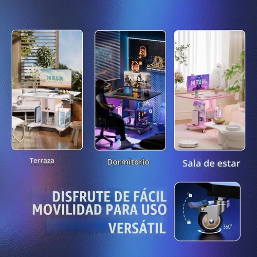 Vista 5 de Pamray Escritorio pequeño con ruedas para juegos con luces LED, tomas de corriente y tablero de clavijas de almacenamiento, mesa compacta para Negro