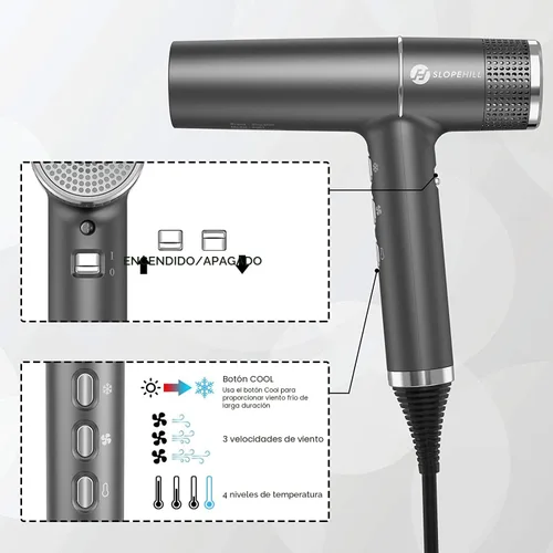 Vista 4 de slopehill Secador de pelo con motor único sin escobillas Diagnóstico inteligente de fallas Microfiltro innovador Tecnología Oxy Active Gris