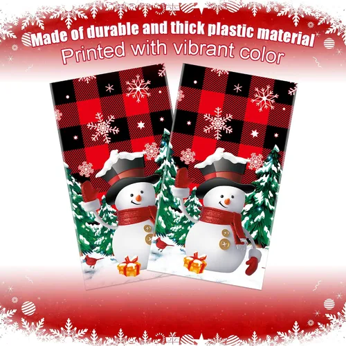 Vista 4 de 2 manteles de plástico desechables de Navidad con diseño de muñeco de nieve, mantel rectangular de Navidad con diseño de copo de nieve y búfalo