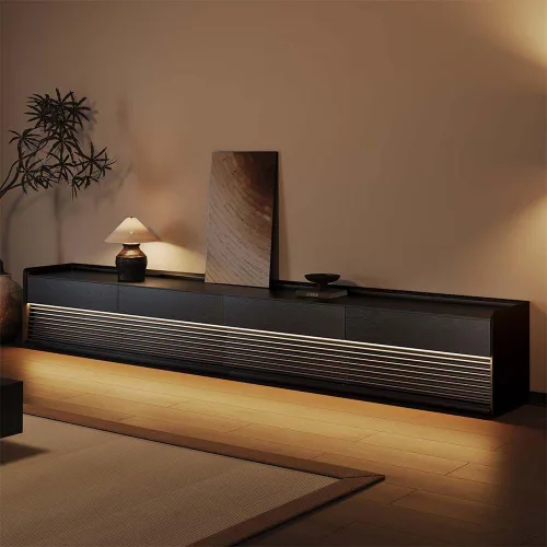 Vista 15 de POVISON Soporte de TV moderno de mediados de siglo totalmente ensamblado con luces LED ajustables, consola multimedia de madera, centro