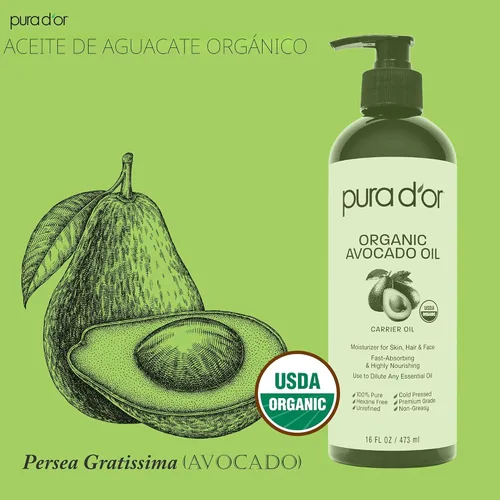 Vista 3 de PURA D'OR Aceite de Aguacate ORGÁNICO de 16 Oz, 100% Puro y Natural Certificado por USDA, Aceite Portador Prensado en Frío Para Belleza DIY, No