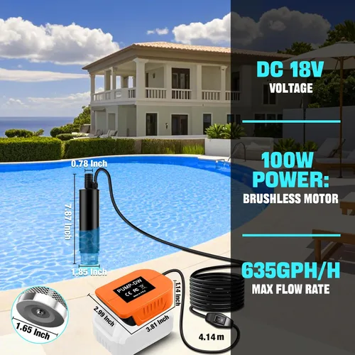 Vista 5 de 635GPH Water Pump For DeWalt 18V/20V Battery Powered Submersible Sump Pump