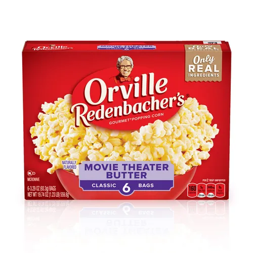 Vista 8 de Orville Redenbacher's Palomitas de maíz para microondas, sabor a mantequilla de cine, 0.11 onzas de fibra por porción, suministros nocturnos