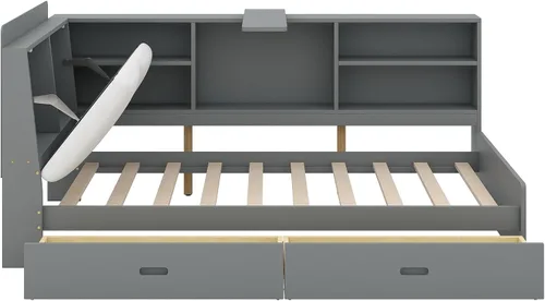 Vista 4 de Cama de plataforma de tamaño individual con cajones de almacenamiento, estantería y cabecera en forma de L, sofá cama de madera de pino con estantes