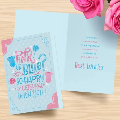 Vista 5 de Designer Greetings Tarjetas de revelación de género para bebés: bonito diseño de accesorios de bebé rosa y azul (6 tarjetas con sobres)
