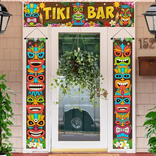 Vista 4 de Luau - Cartel para puerta de tótem Tiki, 3 piezas, pancarta de Tiki para porche, cubierta hawaiana para Aloha Hawaii, Moana tropical, cumpleaños