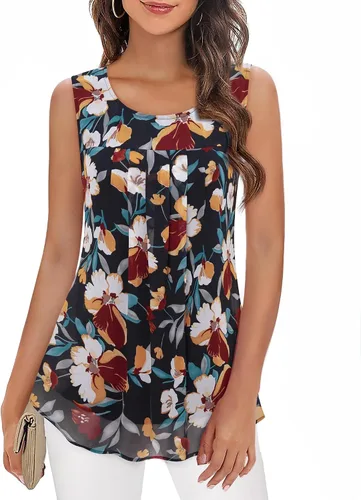 Vista 6 de Timeson - Camiseta de gasa sin mangas, blusa tipo túnica informal de doble capa para mujer