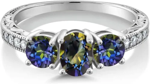 Vista 22 de Gem Stone King Anillo de compromiso de 3 piedras preciosas de oro blanco de 10 quilates con piedra natal y diamantes cultivados en laboratorio