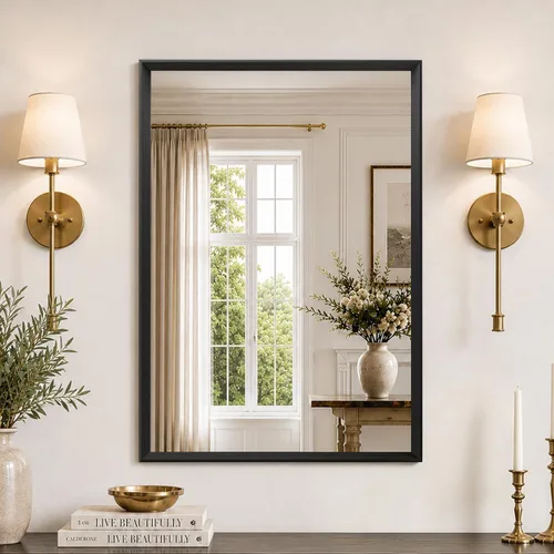 Vista 41 de JISOSO - Espejo de baño negro de 20x30 pulgadas con marco de metal negro, espejo de tocador rectangular redondeado con acabado mate para pared