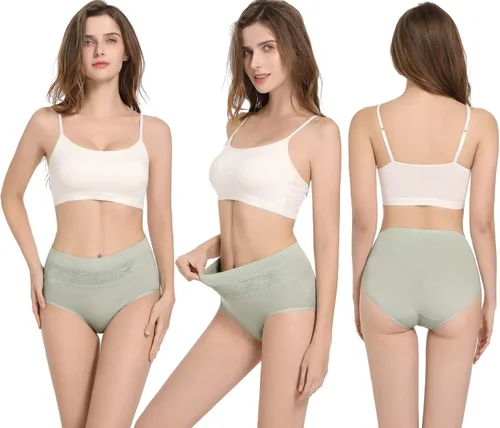 Vista 4 de HAVVIS - Ropa interior de cintura alta y de algodón para mujer, que disimula la barriga, jacquard con rosas, paquete múltiple